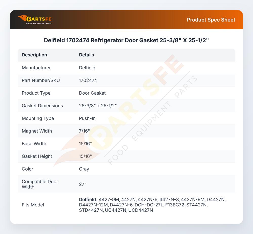 Delfield 1702474 Refrigerator Door Gasket 25-3/8" X 25-1/2"
