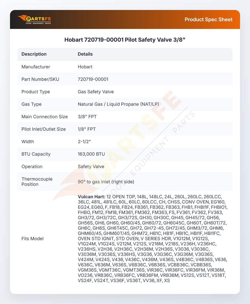 Hobart 720719-00001 Pilot Safety Valve 3/8"