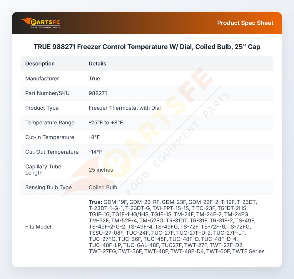 TRUE 988271 Freezer Control Temperature W/ Dial Coiled Bulb 25" CAP