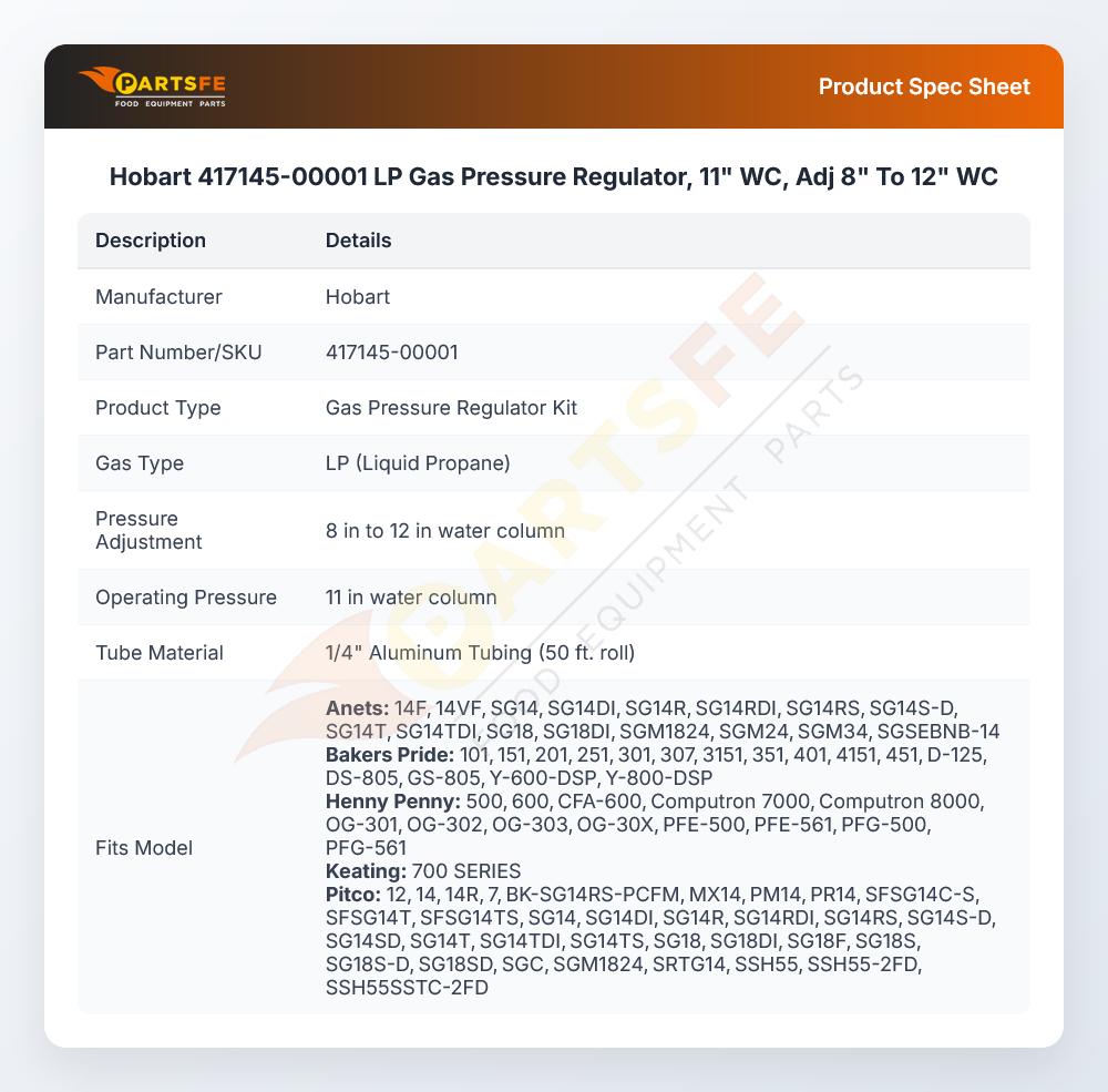 Hobart 417145-00001 LP Gas Pressure Regulator, 11" WC, Adj 8" To 12" WC
