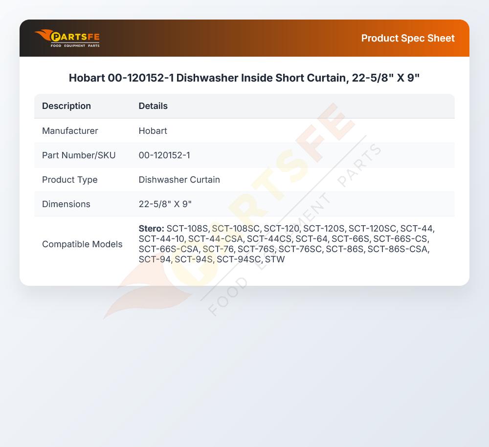 Hobart 00-120152-1 Dishwasher Inside Short Curtain, 22-5/8" X 9"