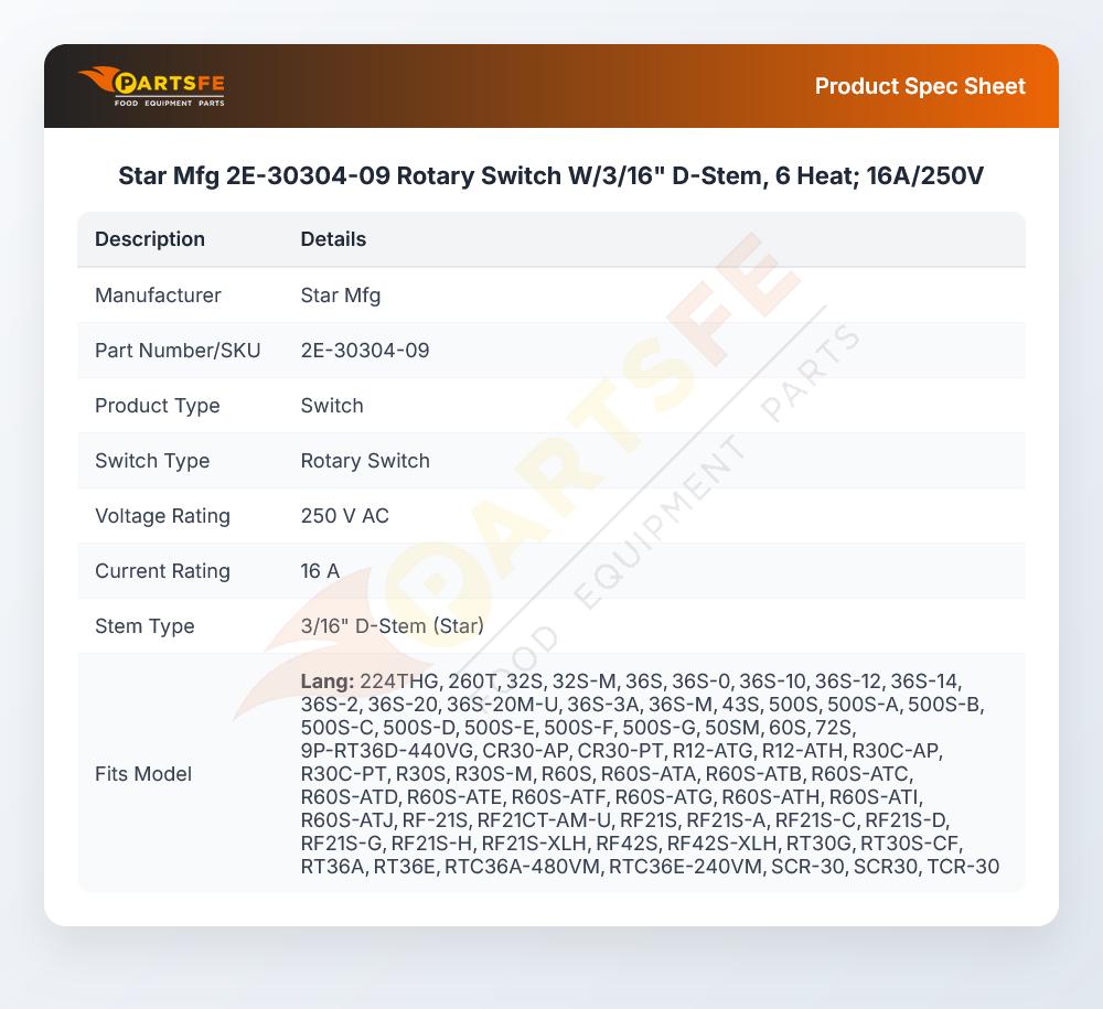 Star Mfg 2E-30304-09 Rotary Switch 6 Heat 16A 250V