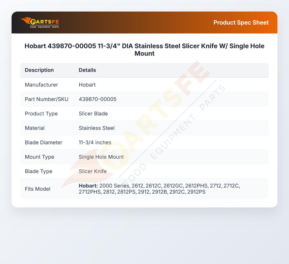 Hobart 439870-00005 Knife W/Single Hole Mount 11-3/4" DIA S/S
