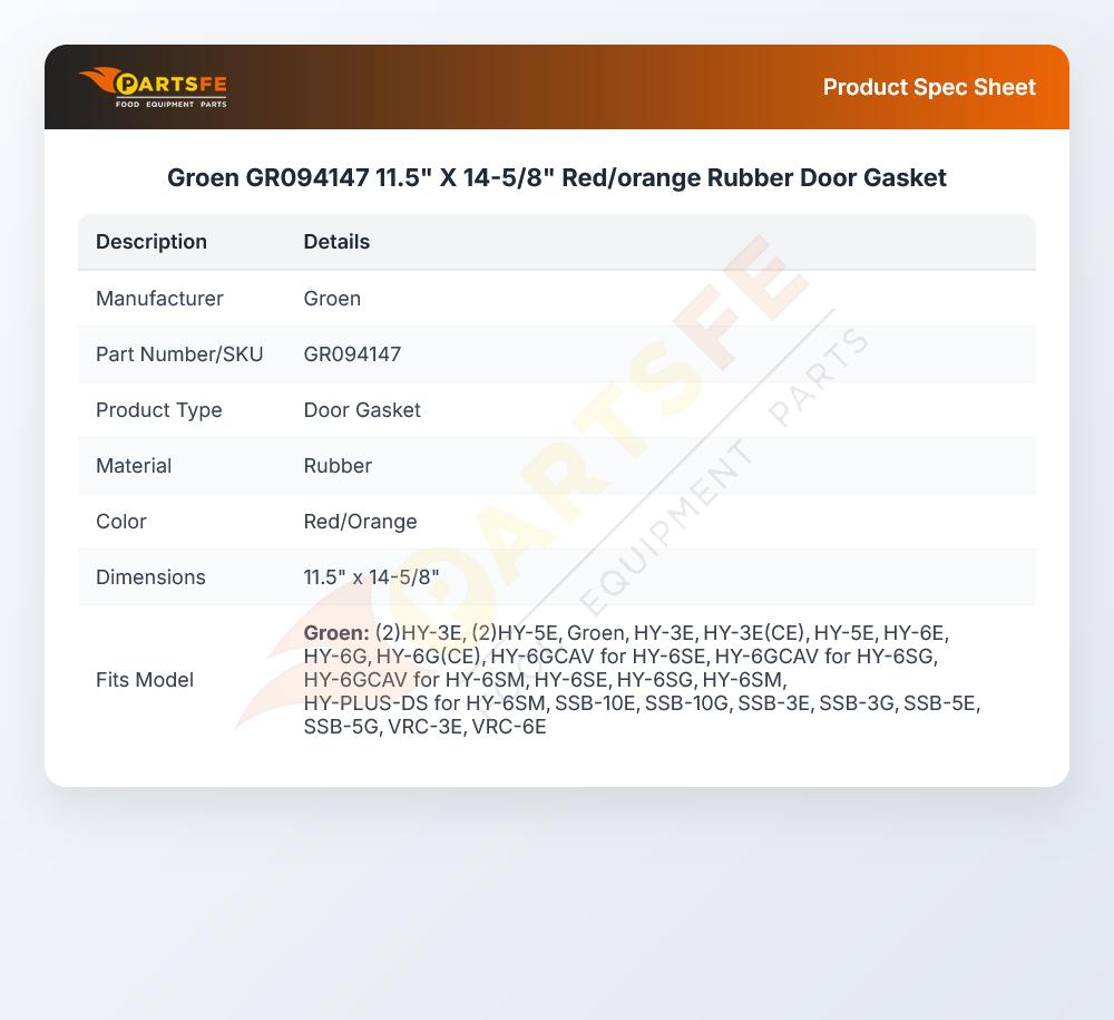 Groen GR094147 11.5" X 14-5/8"  Red/orange Rubber Door Gasket