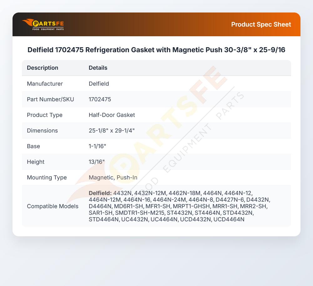 Delfield 1702475 Refrigeration Gasket W/ Magnetic Push 30-3/8" x 25-9/16"