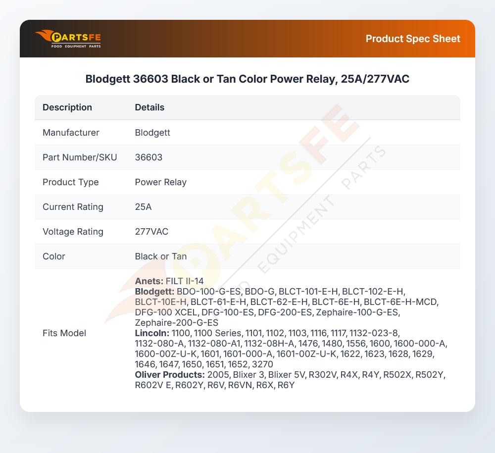 Blodgett 36603 Black or Tan Color Power Relay, 25A/277VAC