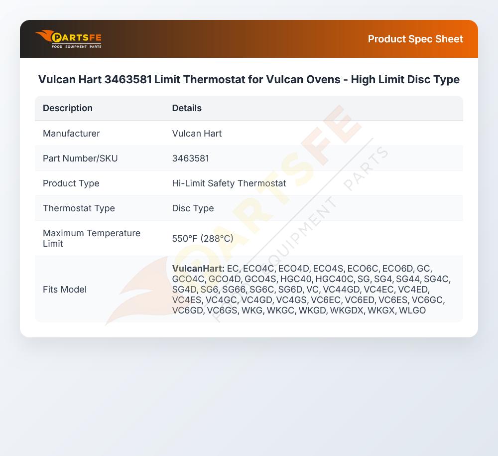 Vulcan Hart 3463581 Limit Thermostat for Vulcan Ovens - High Limit Disc Type