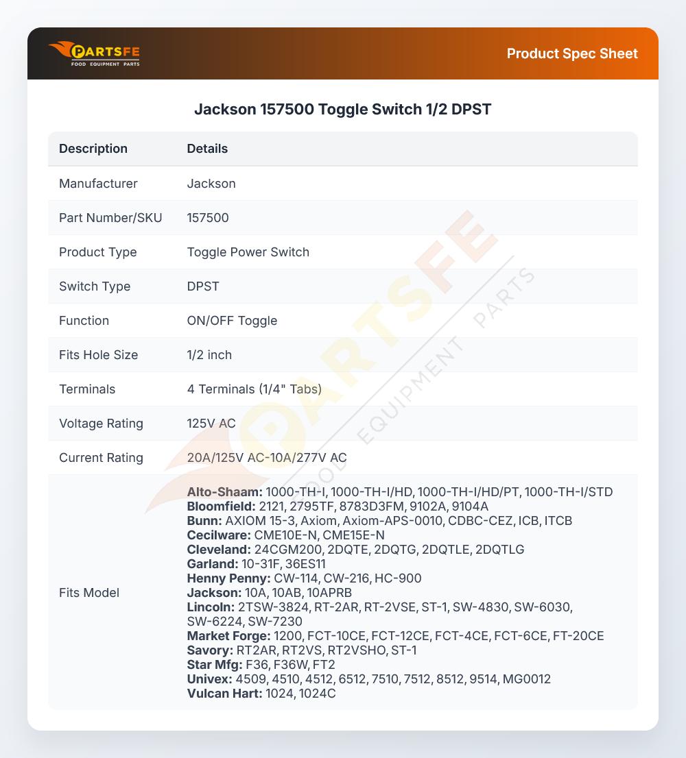 Jackson 157500 Toggle Switch 1/2 DPST