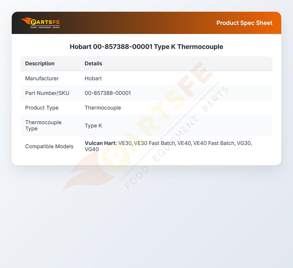 Hobart 00-857388-00001 Braising Pan Thermocouple K-Type