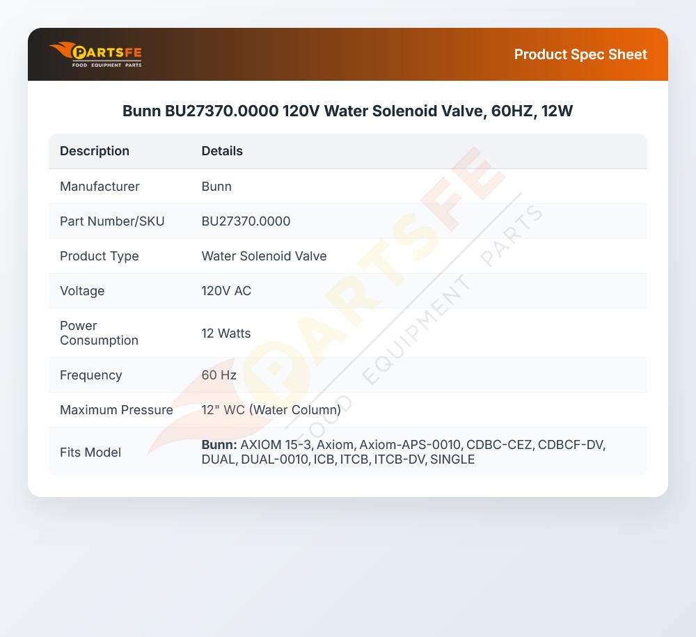 Bunn BU27370.0000 120V Water Solenoid Valve, 60HZ, 12W