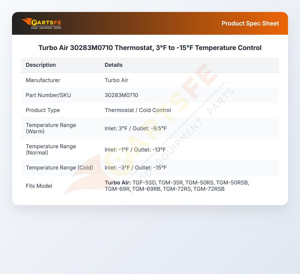 Turbo Air 30283M0710 Thermostat, 3&deg;F to -15&deg;F Temperature Control