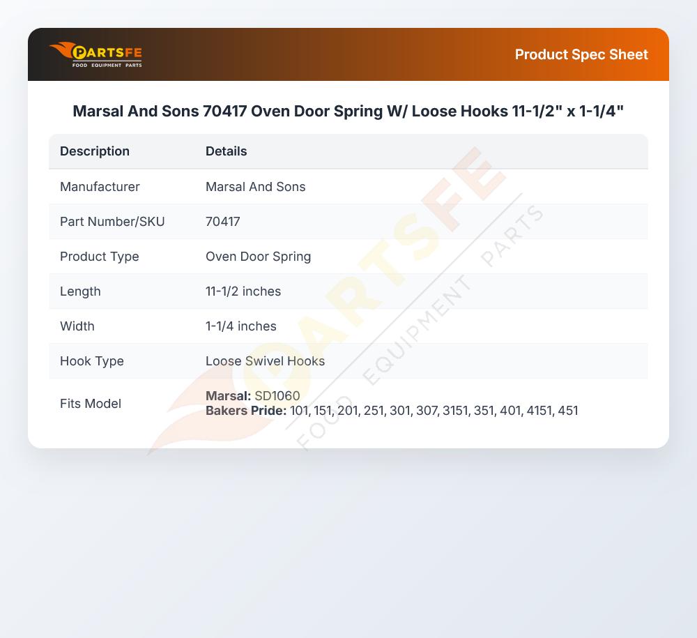 Marsal And Sons 70417 Oven Door Spring W/ Loose Hooks 11-1/2" x 1-1/4"