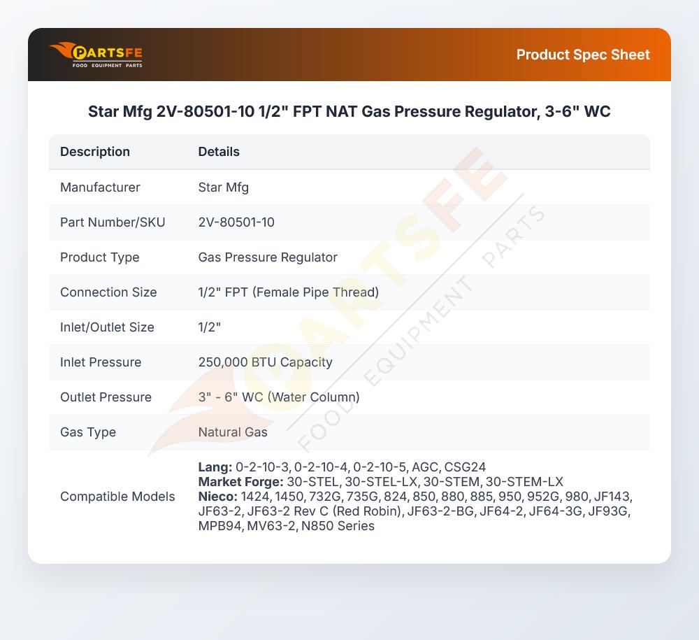 Star Mfg 2V-80501-10 1/2" FPT NAT Gas Pressure Regulator, 3-6" WC