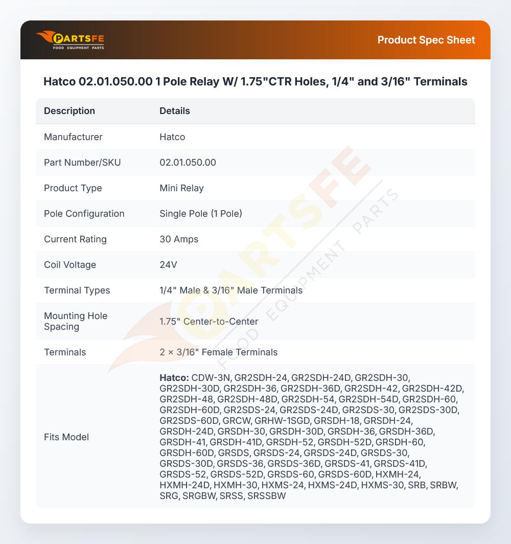 Hatco 02.01.050.00 1 Pole Relay W/ 1.75"CTR Holes, 1/4" and 3/16" Terminals
