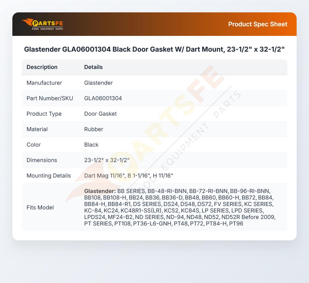 Glastender GLA06001304 Black Door Gasket W/ Dart Mount, 23-1/2" x 32-1/2"