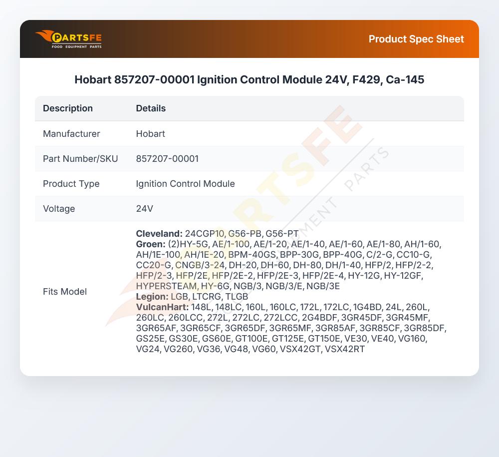 Hobart 857207-00001 Fryer Ignition Control Module 24V F429 CA-157