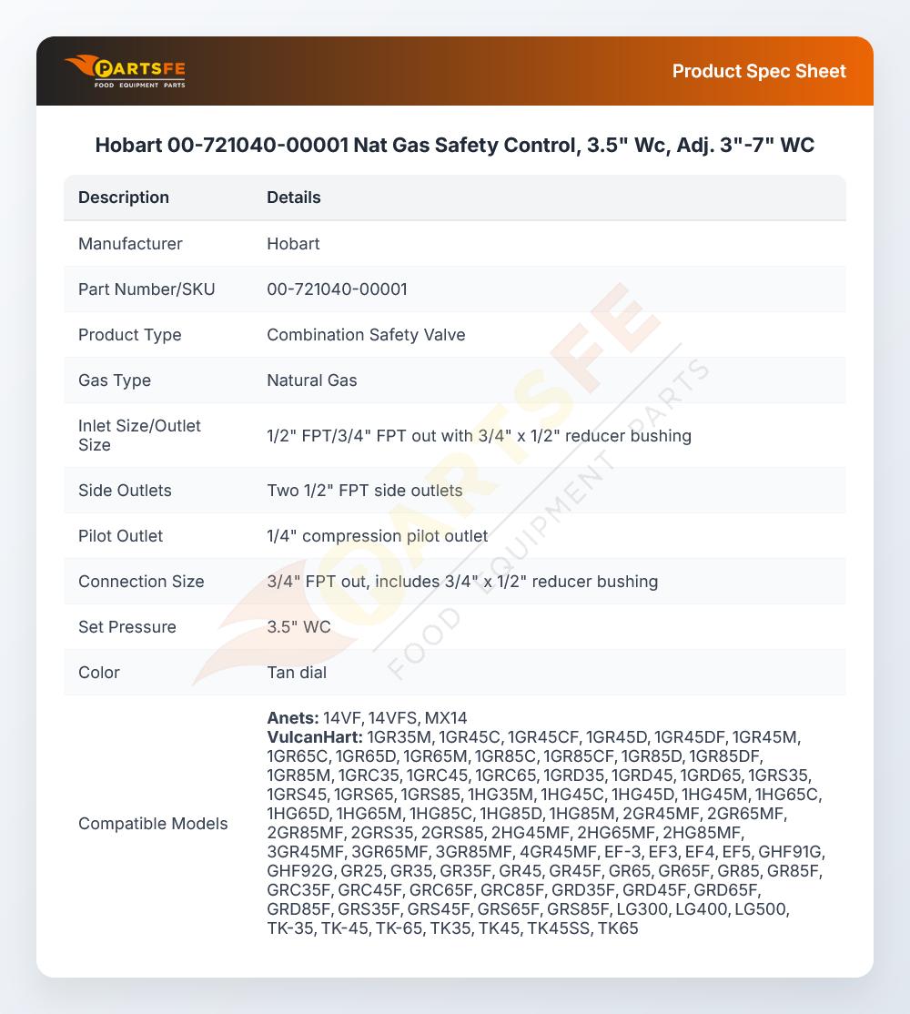 Hobart 00-721040-00001 Natural Gas Safety Control 3.5" WC ADJ 3"-7" WC