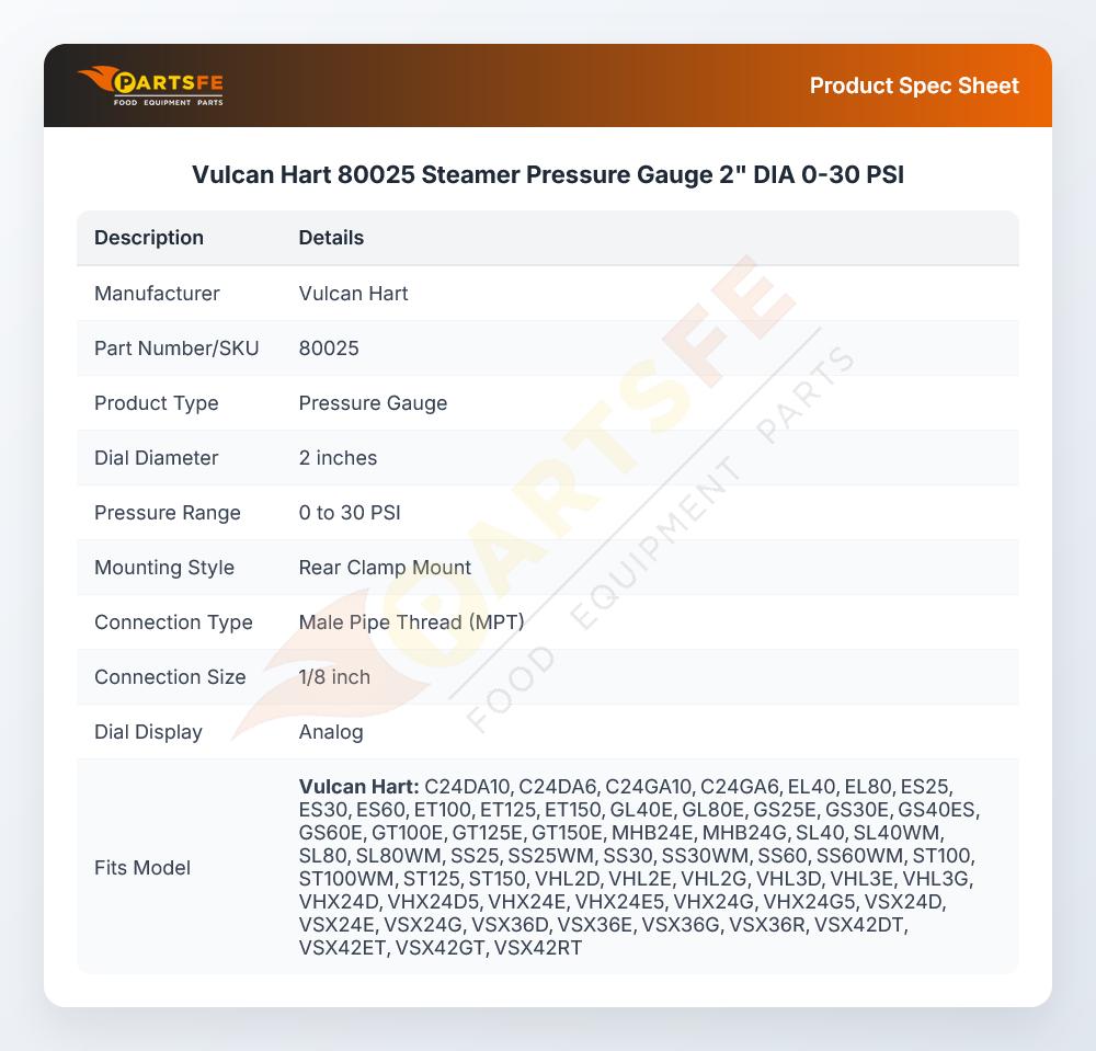 Vulcan Hart 80025 Steamer Pressure Gauge 2" DIA 0-30 PSI