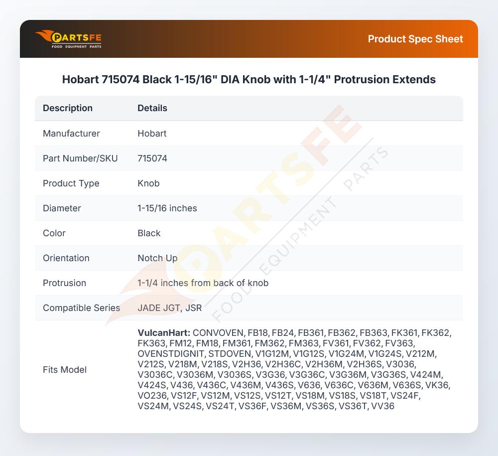 Hobart 715074 Black 1-15/16" DIA Knob with 1-1/4" Protrusion Extends