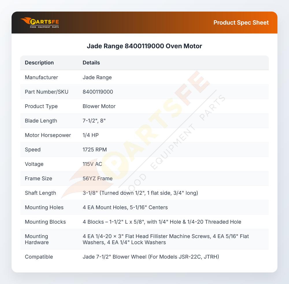 Jade Range 8400119000 Oven Motor