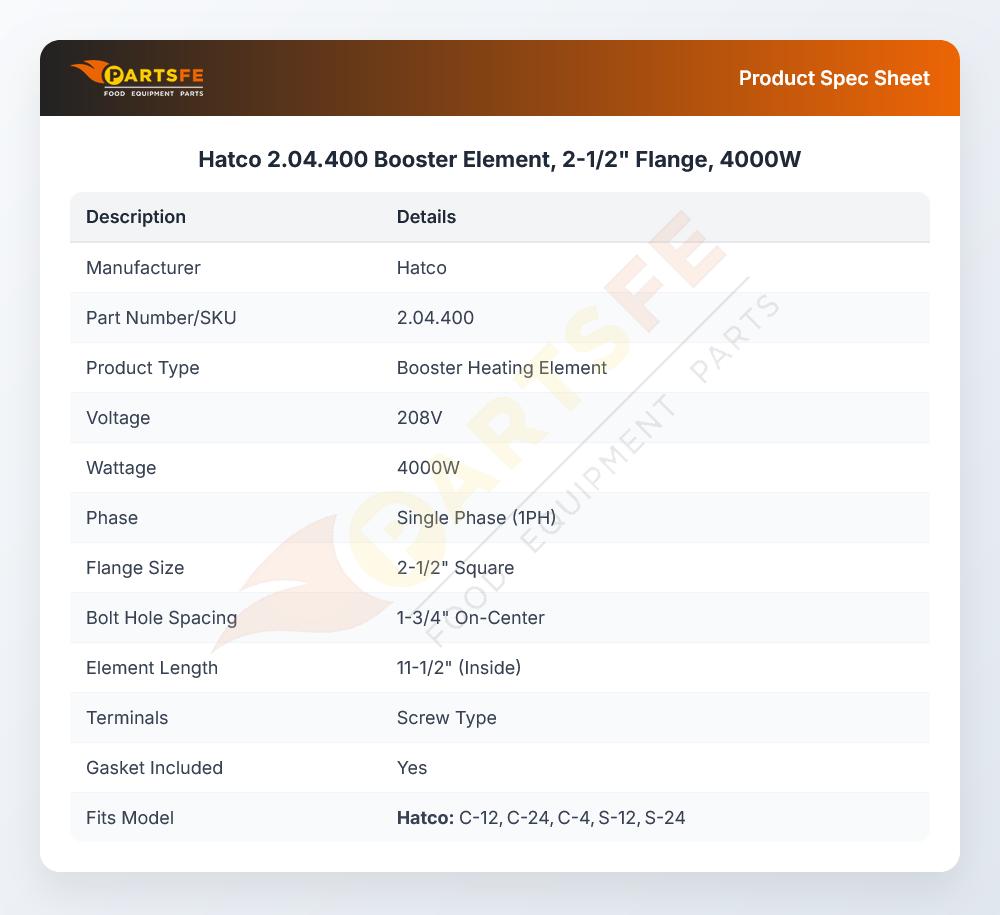 Hatco 2.04.400 Booster Element, 2-1/2" Flange, 4000W