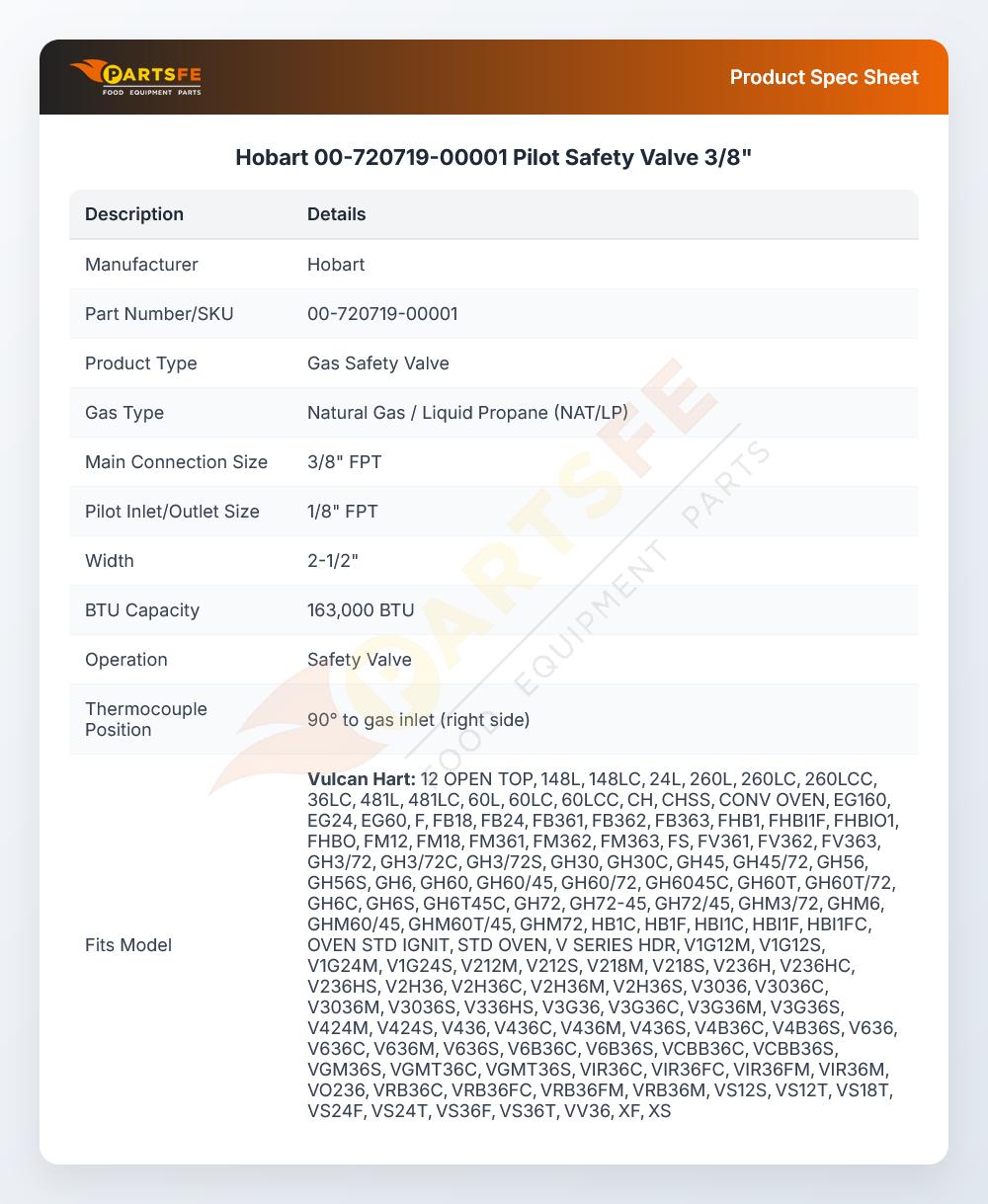 Hobart 00-720719-00001 Pilot Safety Valve 3/8"