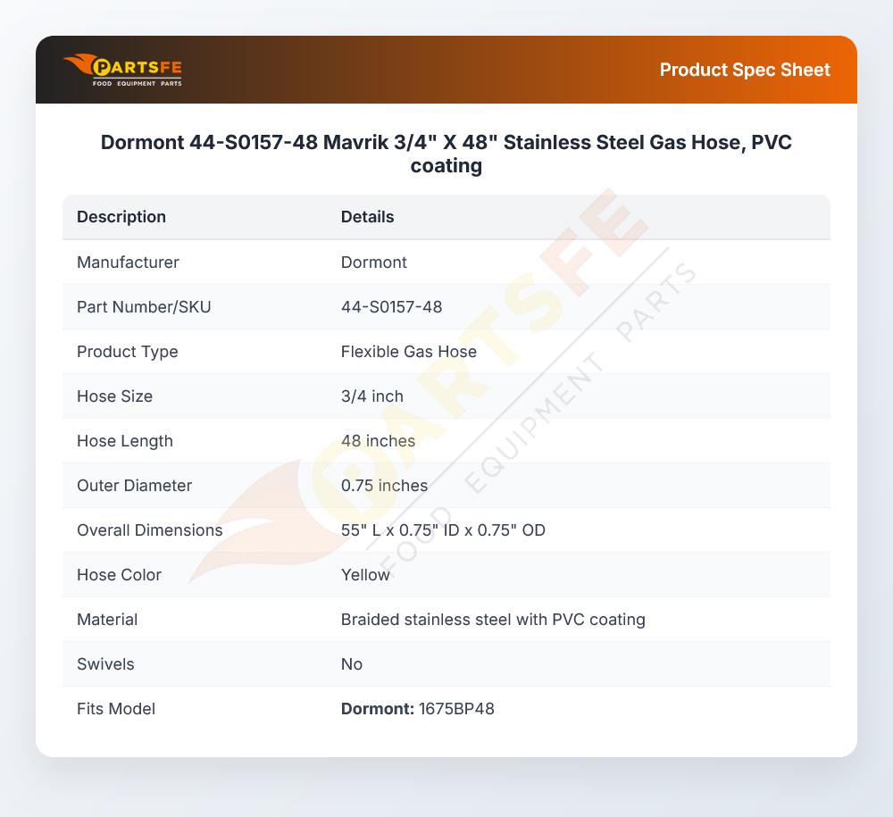 Dormont 44-S0157-48 Mavrik 3/4" X 48" Stainless Steel Gas Hose, PVC coating