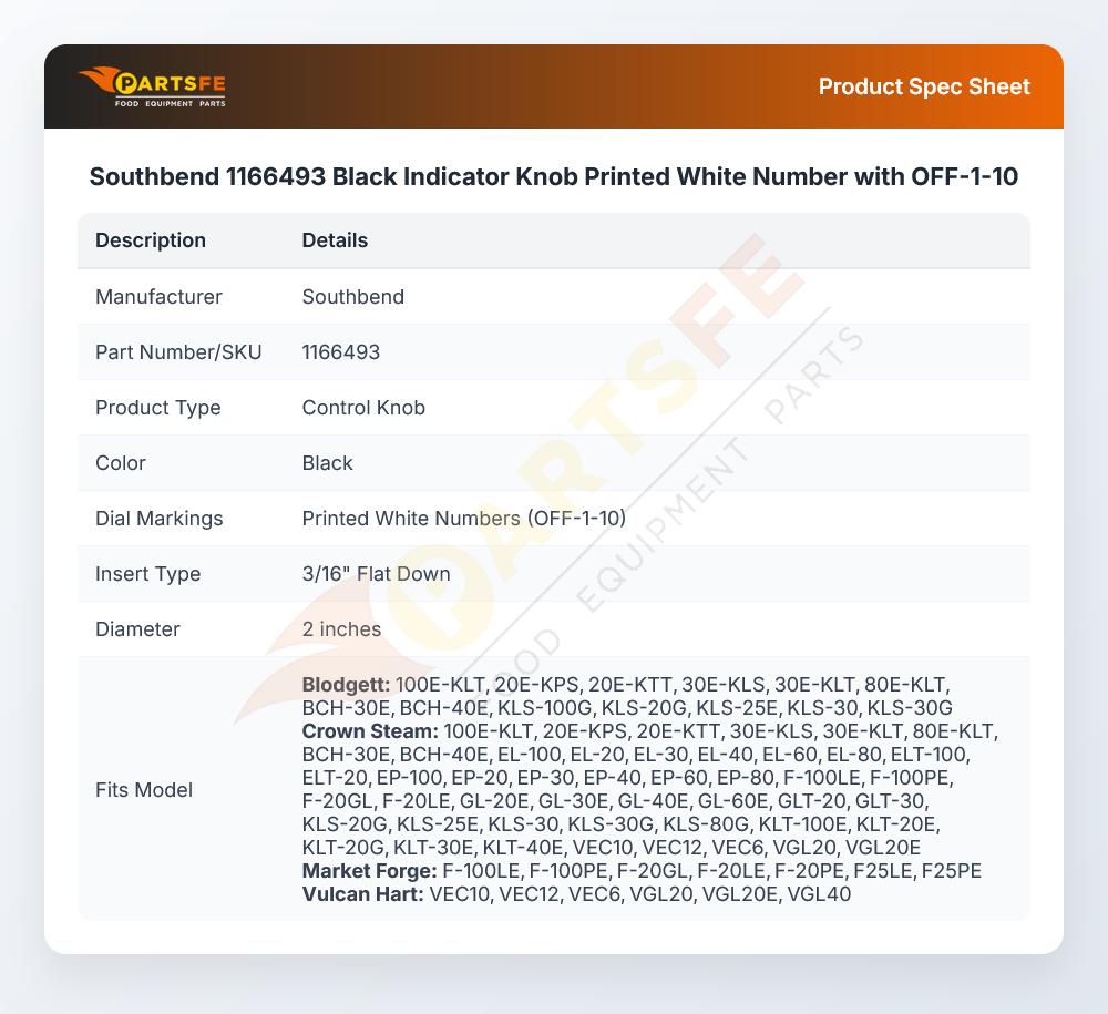 Southbend 1166493 Black Indicator Knob Printed White Number with OFF-1-10