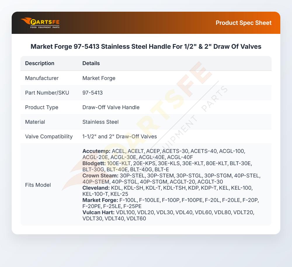 Market Forge 97-5413 Stainless Steel Handle For 1/2" & 2" Draw Of Valves