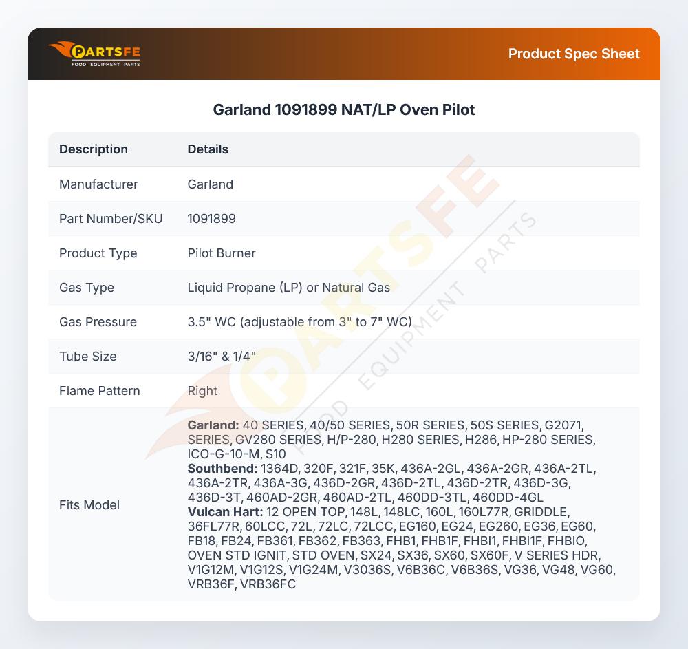 Garland 1091899 NAT/LP Oven Pilot