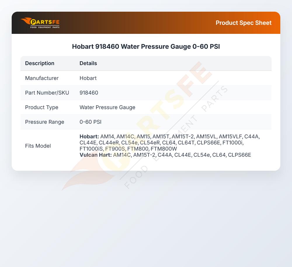 Hobart 918460 Water Pressure Gauge 0-60 PSI