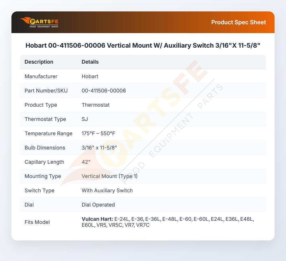 Hobart 00-411506-00006 Vertical Mount W/ Auxiliary Switch 3/16"X 11-5/8"