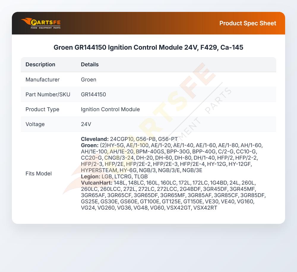 Groen GR144150 Fryer Ignition Control Module 24V F429 CA-160
