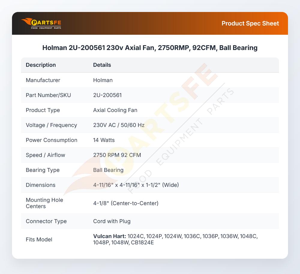 Holman 2U-200561 Conveyor Toaster Axial Cooling Fan 92 CFM 2750 RPM 120V
