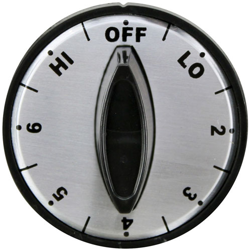 Cecilware GMM169A Flat Down Chrome Face Knob 2" DIA, OFF-LO-2-6-HI, Mount .187", Fixed Overlay
