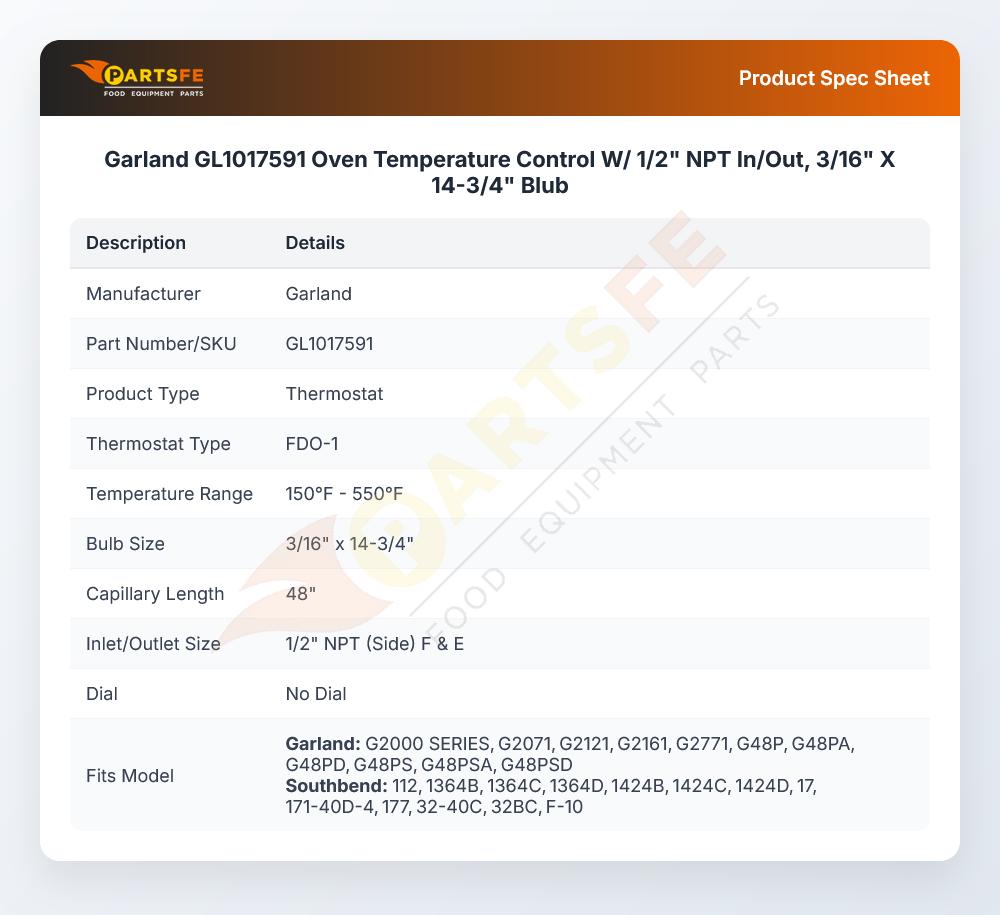 Garland GL1017591 Temperature Control Thermostat 1/2" NPT In/Out 3/16" X 14-3/4" Blub 150&deg;F-550&deg;F FDO