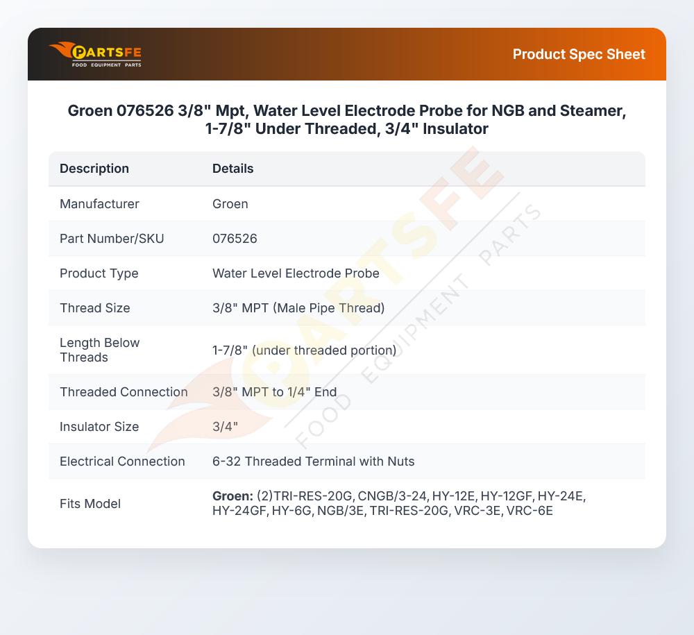 Groen 076526 3/8" Mpt, Water Level Electrode Probe for NGB and Steamer, 1-7/8" Under Threaded, 3/4" Insulator