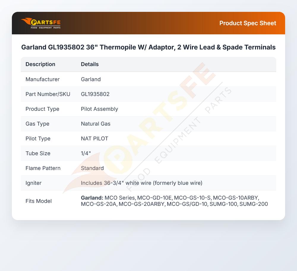 Garland GL1935802 36" Thermopile W/ Adaptor, 2 Wire Lead & Spade Terminals