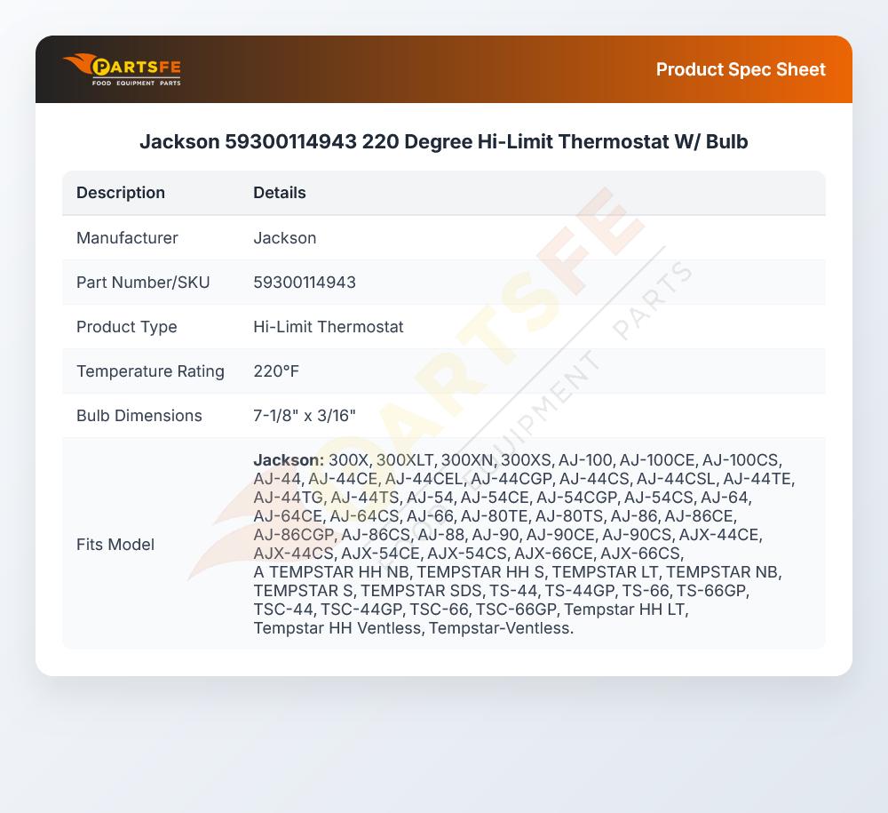 Jackson 59300114943 High Limit Thermostat 220&deg;F