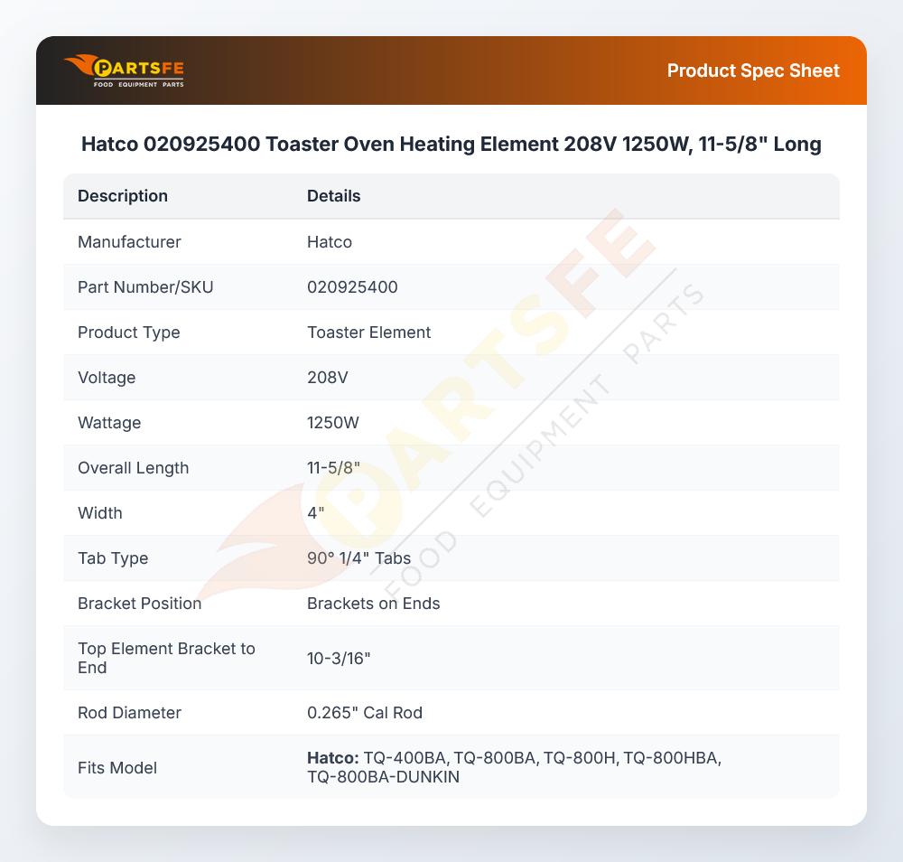 Hatco 020925400 Toaster Oven Heating Element 208V 1250W, 11-5/8" Long