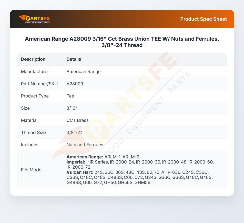 American Range A28009 Compression Tee Brass 3/16" CCT