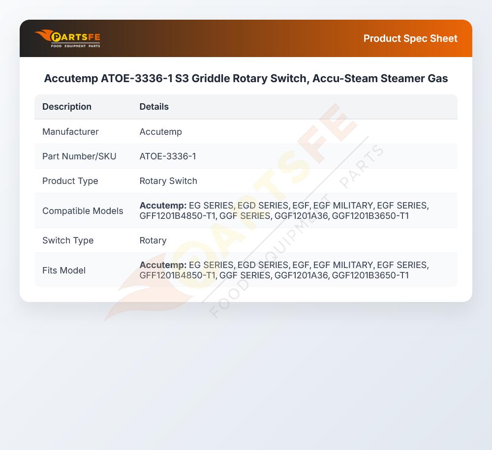 Accutemp ATOE-3336-1 S3 Griddle Rotary Switch, Accu-Steam Steamer Gas