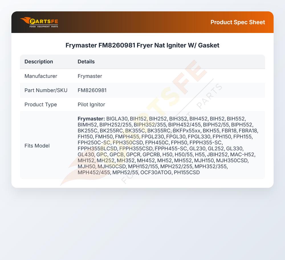 Frymaster FM8260981 Fryer Igniter W/Gasket NAT
