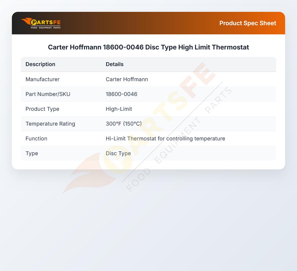 Carter Hoffmann 18600-0046 Disc Type High Limit Thermostat