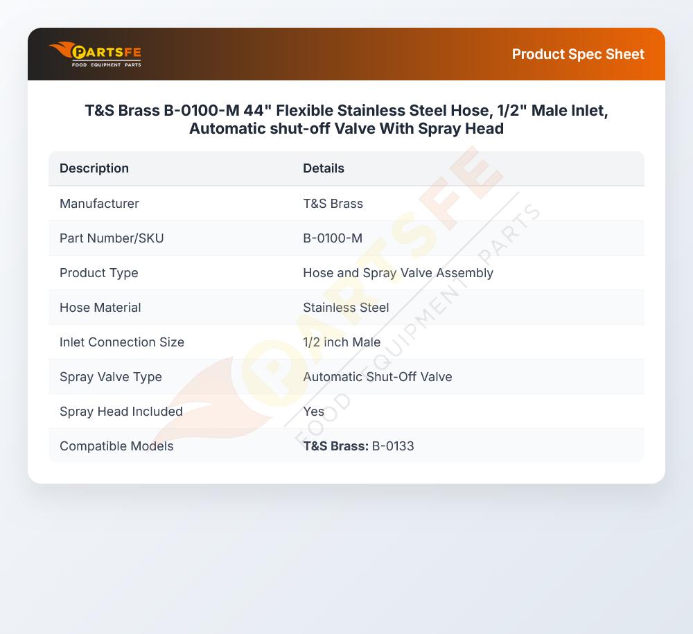 T&S Brass B-0100-M Pre-rinse Spray Valve & Flex Hose 44" 1/2" NPT Male Inlet SS