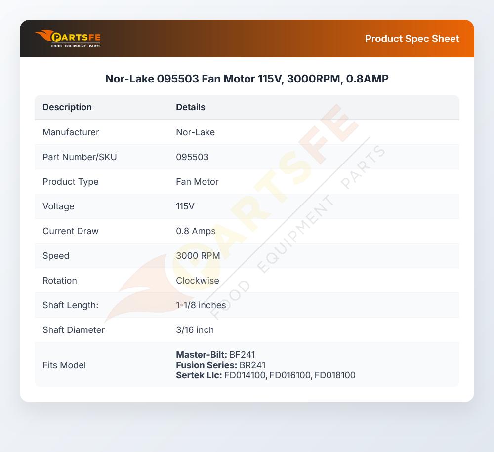 Nor-Lake 095503 Evaporator Fan Motor 3000 RPM 0.8 AMP 115V