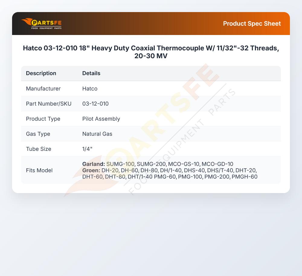 Hatco 03-12-010 18" Heavy Duty Coaxial Thermocouple W/ 11/32"-32 Threads, 20-30 MV