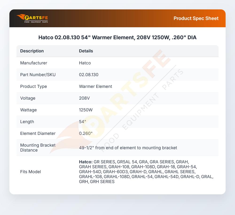 Hatco 02.08.130 54" Warmer Element, 208V 1250W,  .260" DIA