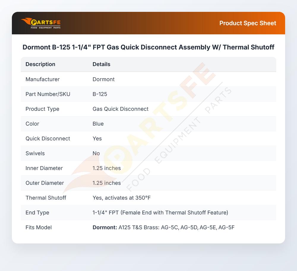Dormont B-125 Gas Quick Disconnect Assembly W/Thermal Shutoff 1-1/4" FPT