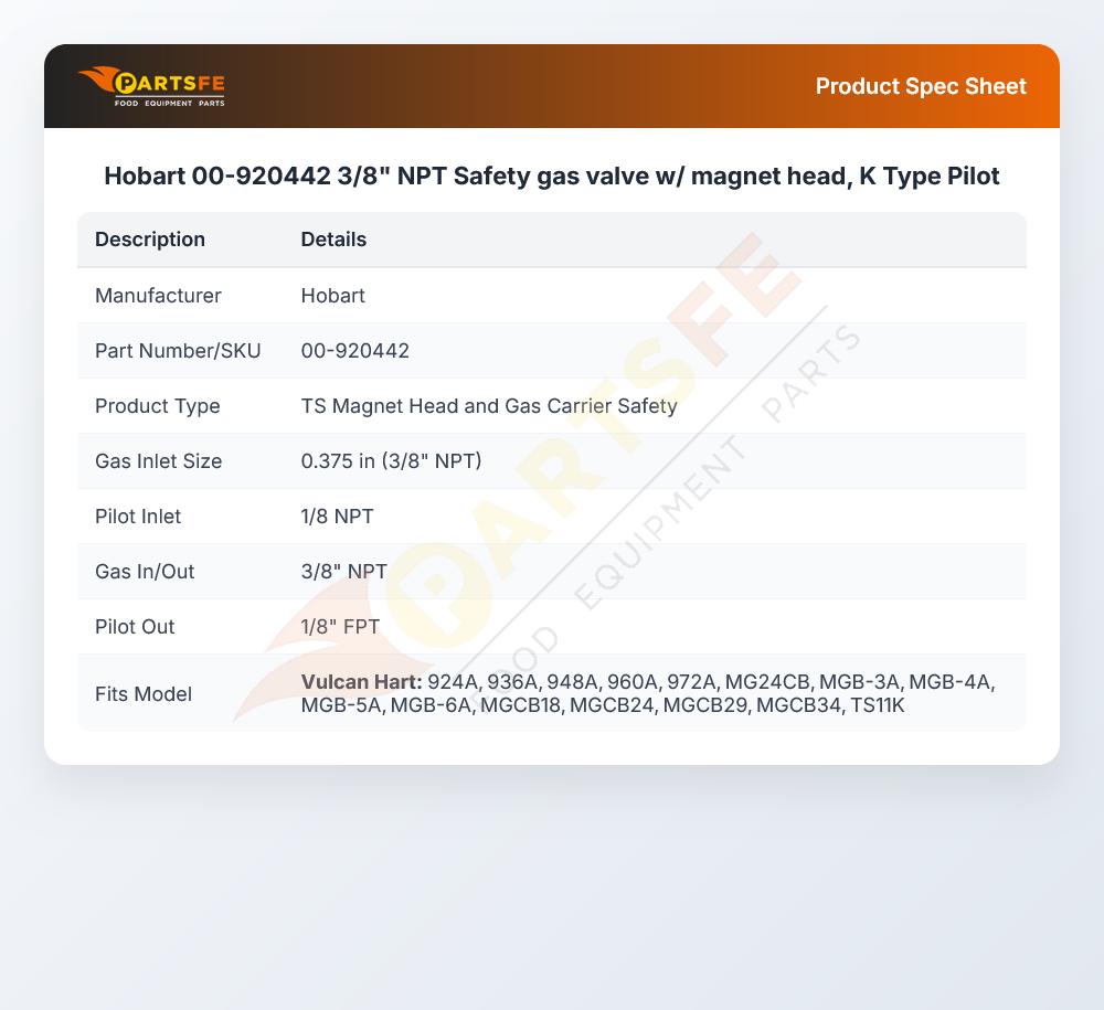 Hobart 00-920442 Gas Griddle Safety Valve W/Magnet Head 3/8" NPT K-Type Pilot